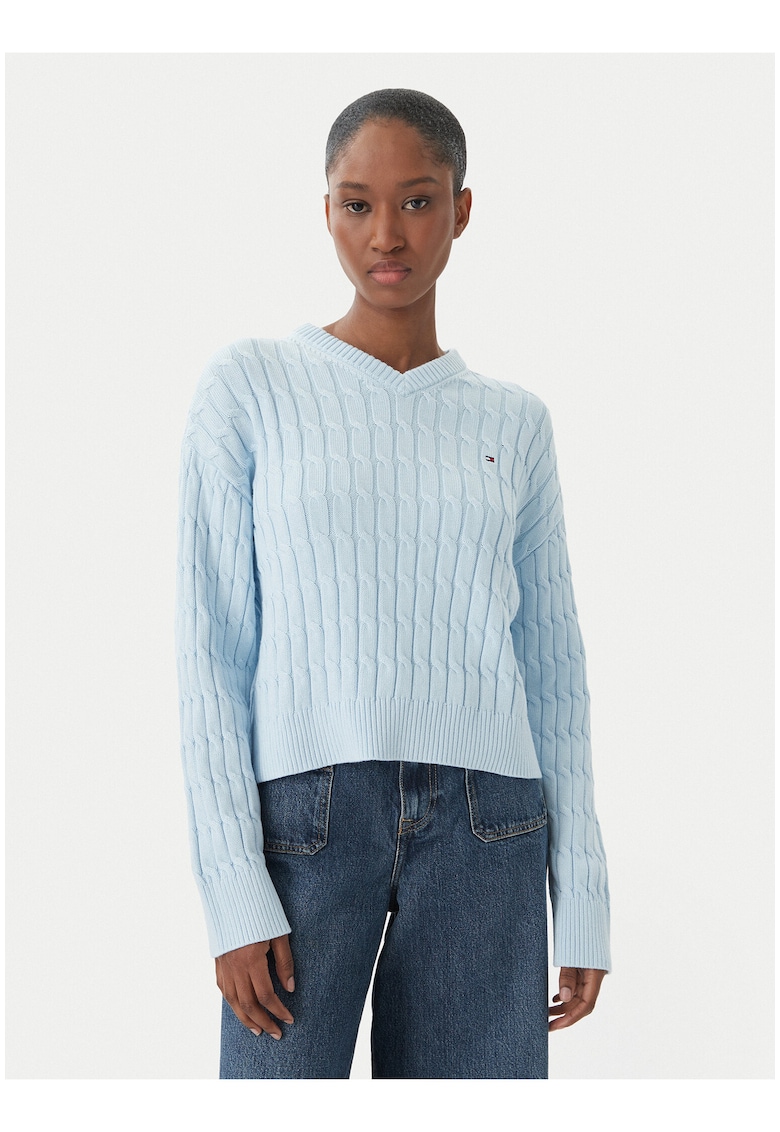 Pulover cu decolteu in V si model cable knit