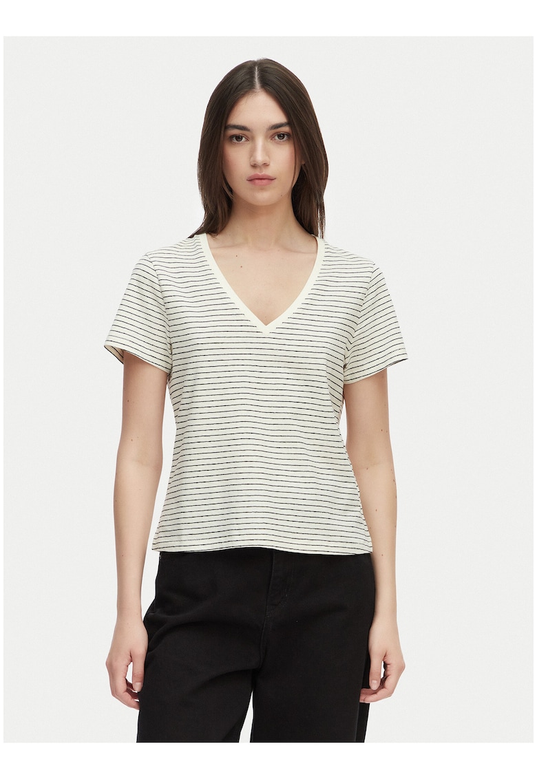 Tricou din amestec de bumbac si in - cu dungi -