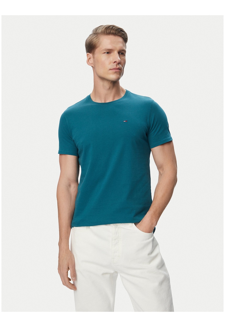 Tricou din bumbac cu model uni si maneci scurte
