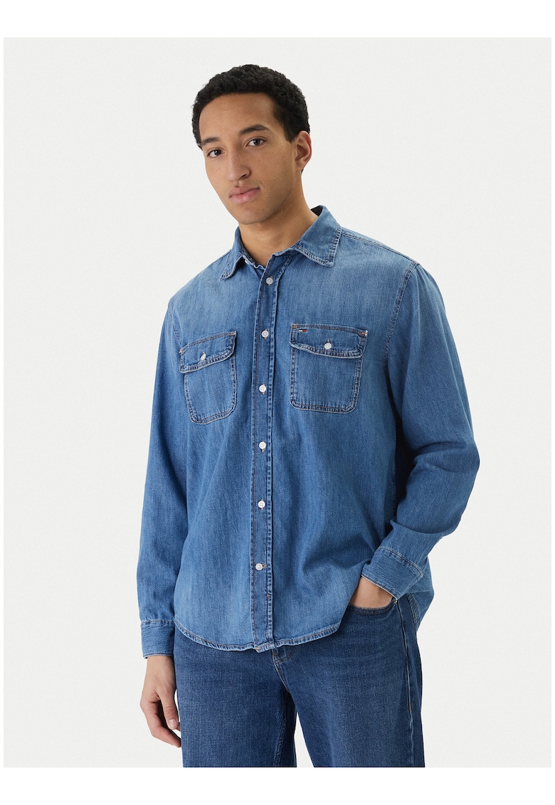 Camasa din denim cu buzunare pe piept