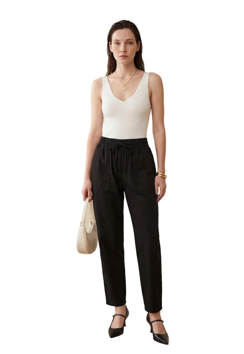 Pantaloni dama - gabardina - talie cu snur - negru - bumbac
