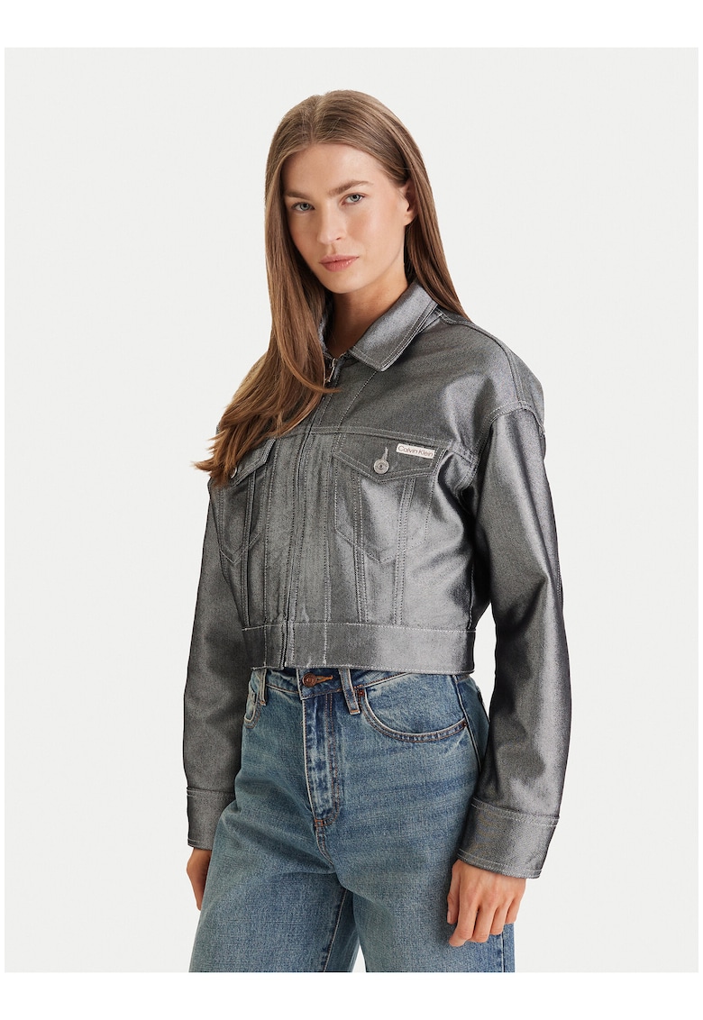 Jacheta crop din denim - cu fermoar