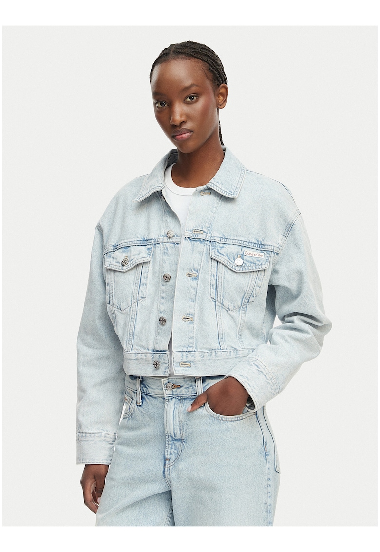 Jacheta crop din denim cu aspect decolorat