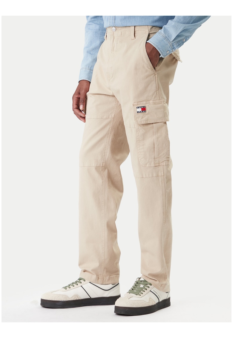 Pantaloni cargo cu talie medie si model uni