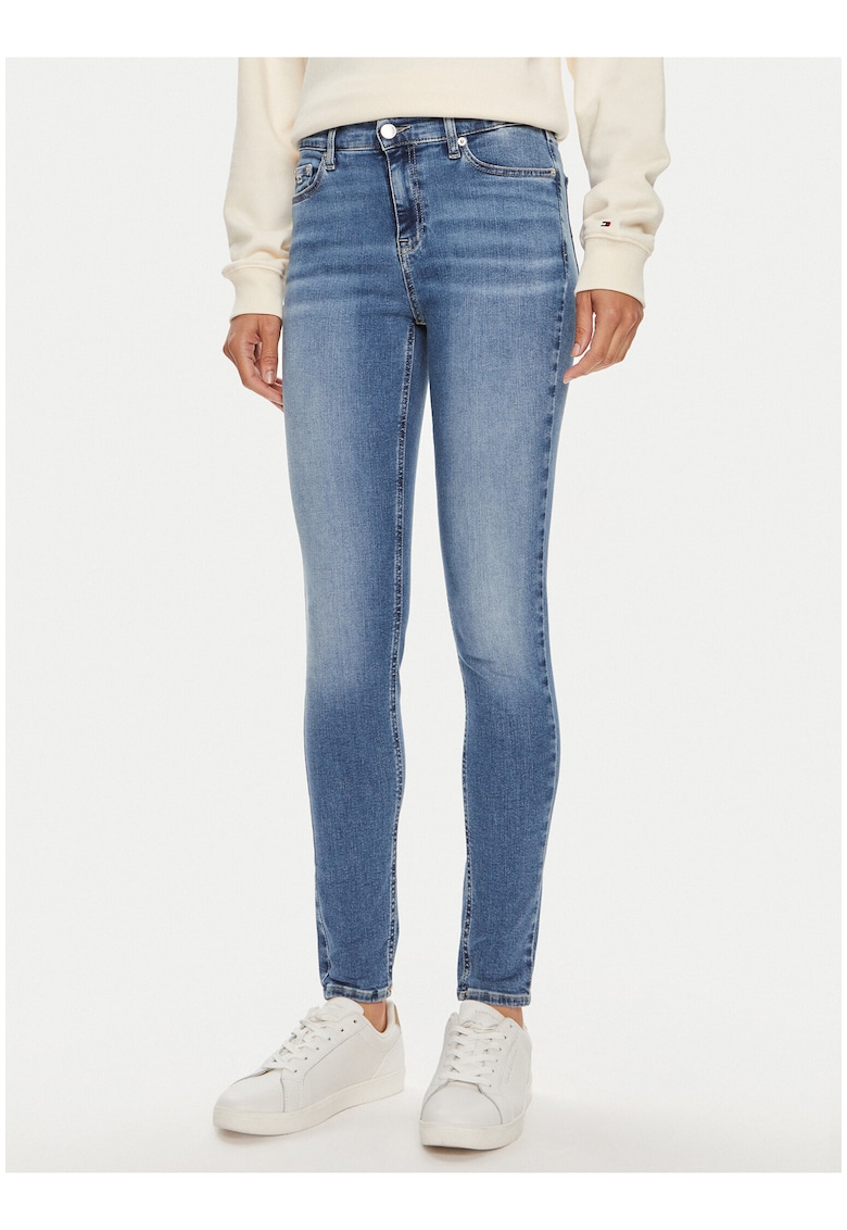Blugi skinny cu talie medie si aspect prespalat