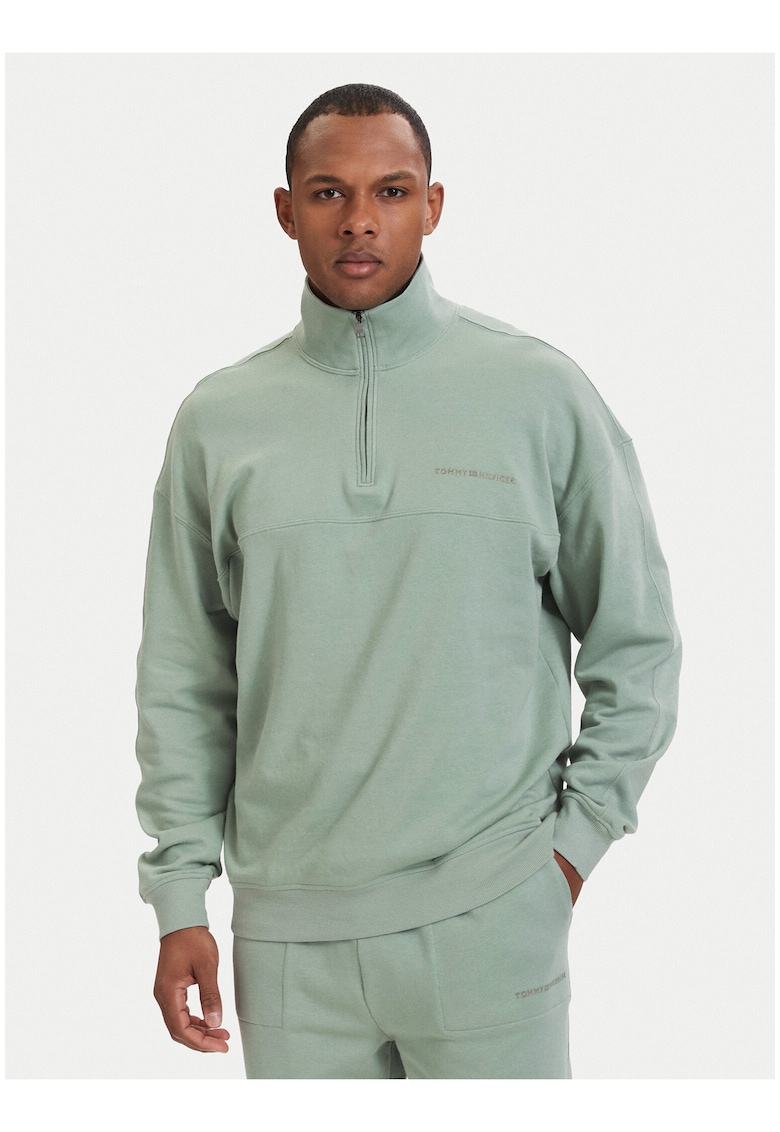 Bluza uni de trening din amestec de bumbac cu fermoar scurt si mansete elastice