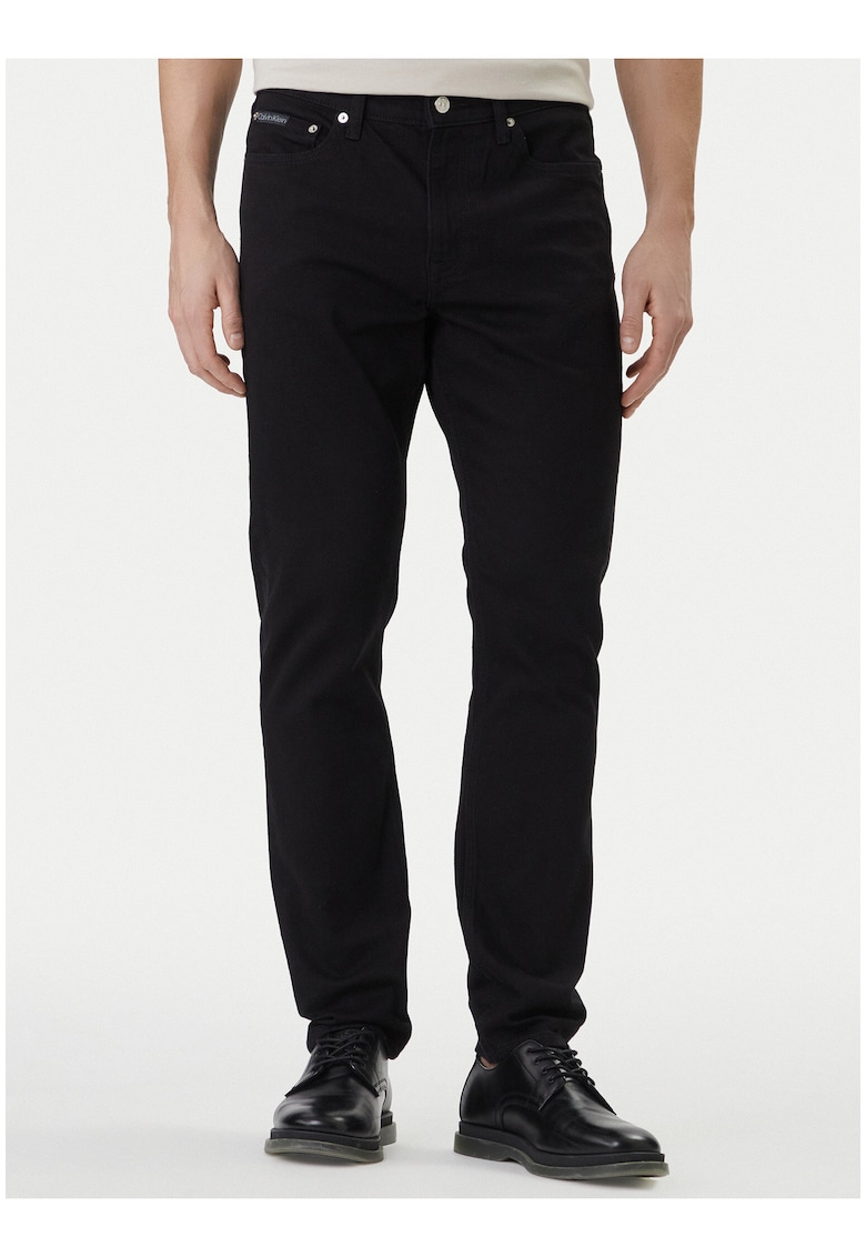 Blugi slim fit uni cu talie medie si buzunare multiple