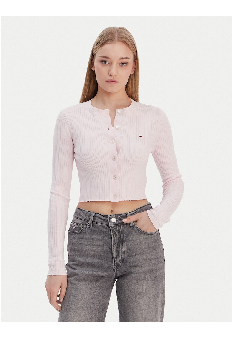 Cardigan crop slim fit cu detaliu logo