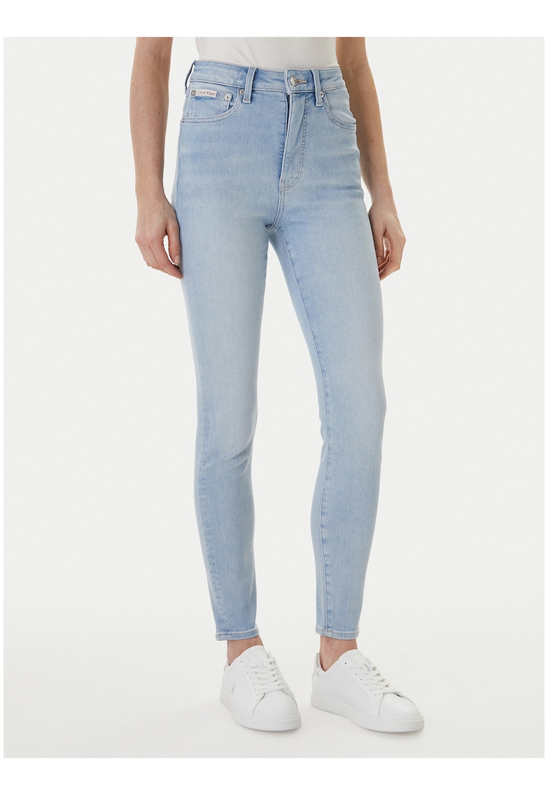 Blugi super skinny cu aspect decolorat si talie inalta