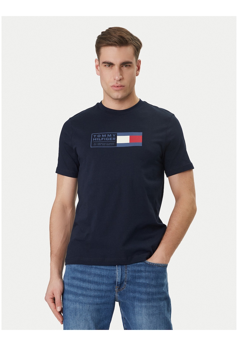 Tricou cu imprimeu logo si decolteu la baza gatului -