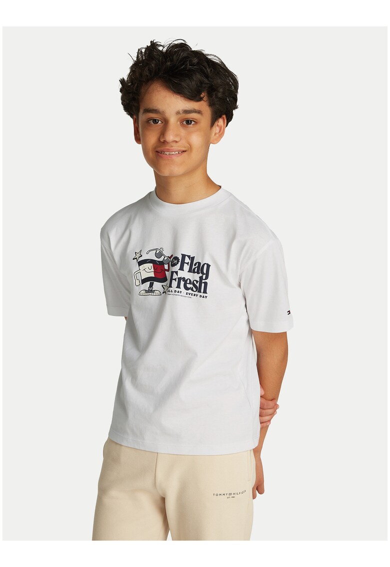 Tricou cu imprimeu logo si decolteu la baza gatului - Alb
