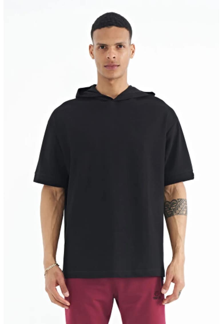 Tricou cu gluga supradimensionat negru - bumbac-poliester