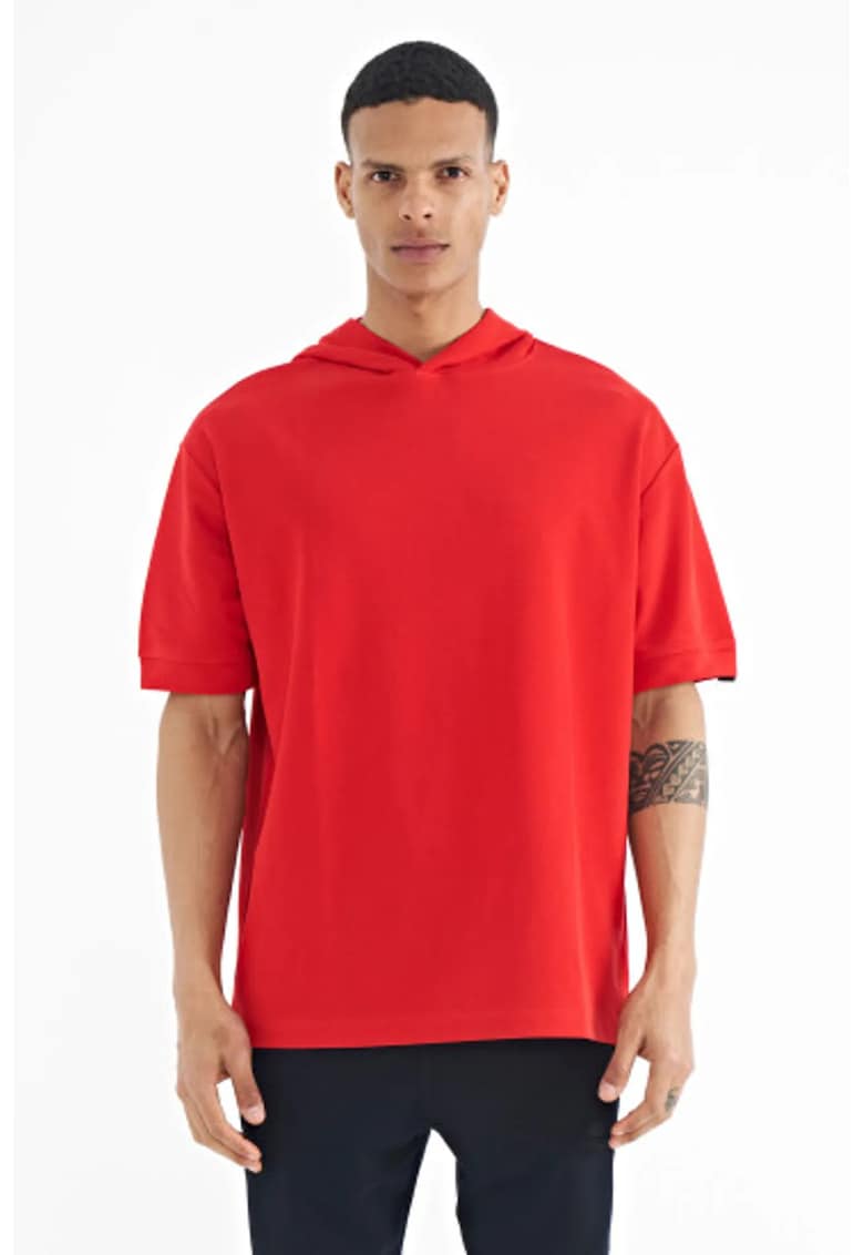 Tricou lung - supradimensionat - cu gluga - rosu - bumbac si poliester
