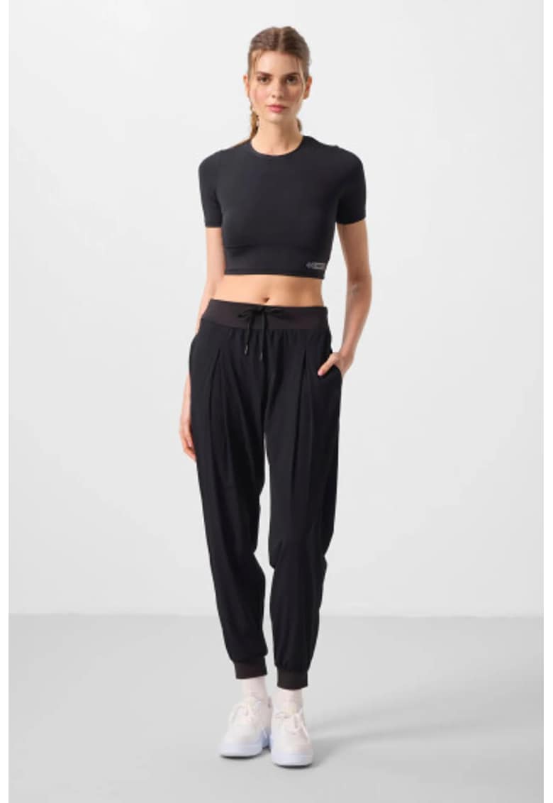 Pantaloni sport - jogging - talie medie - buzunar - negru - poliester cu elastan