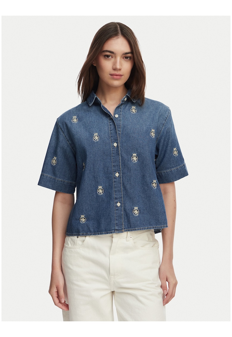 Camasa crop din denim cu model
