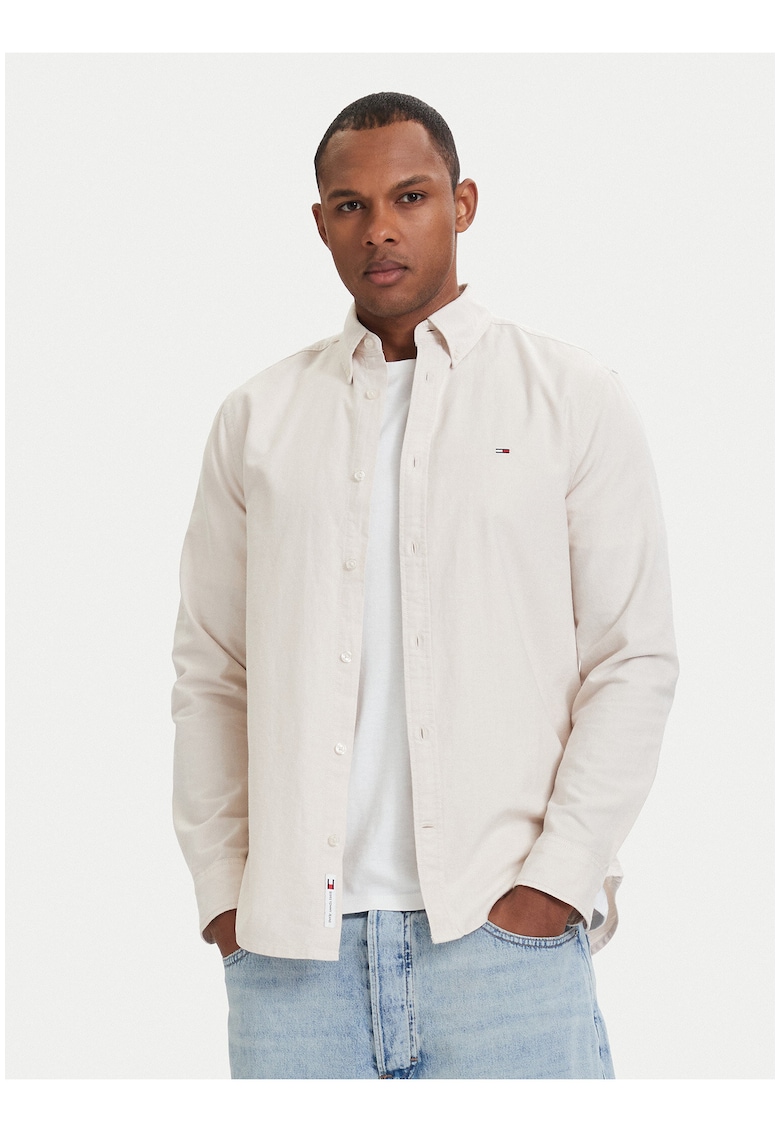 Camasa regular fit din bumbac cu model uni si logo brodat discret