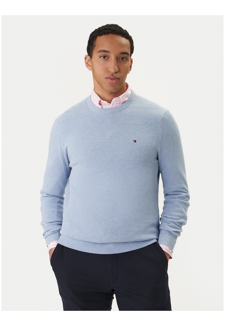 Pulover uni slim fit din bumbac -