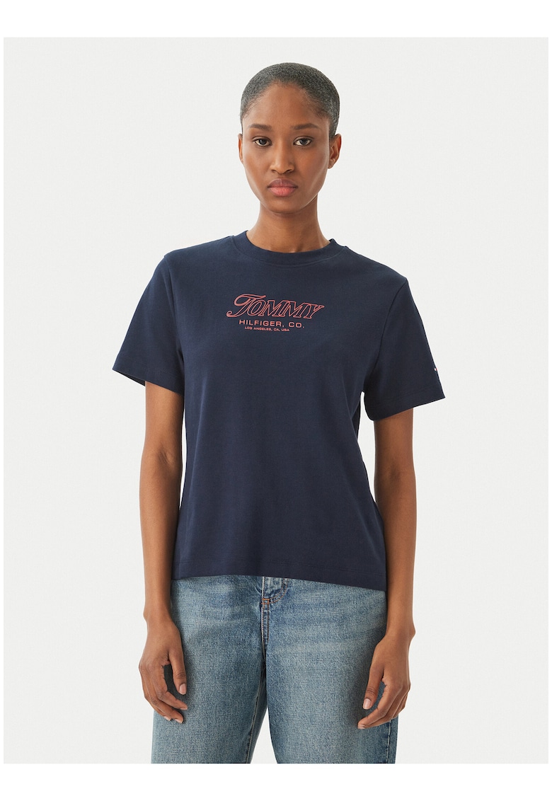 Tricou din bumbac cu decolteu la baza gatului si imprimeu logo