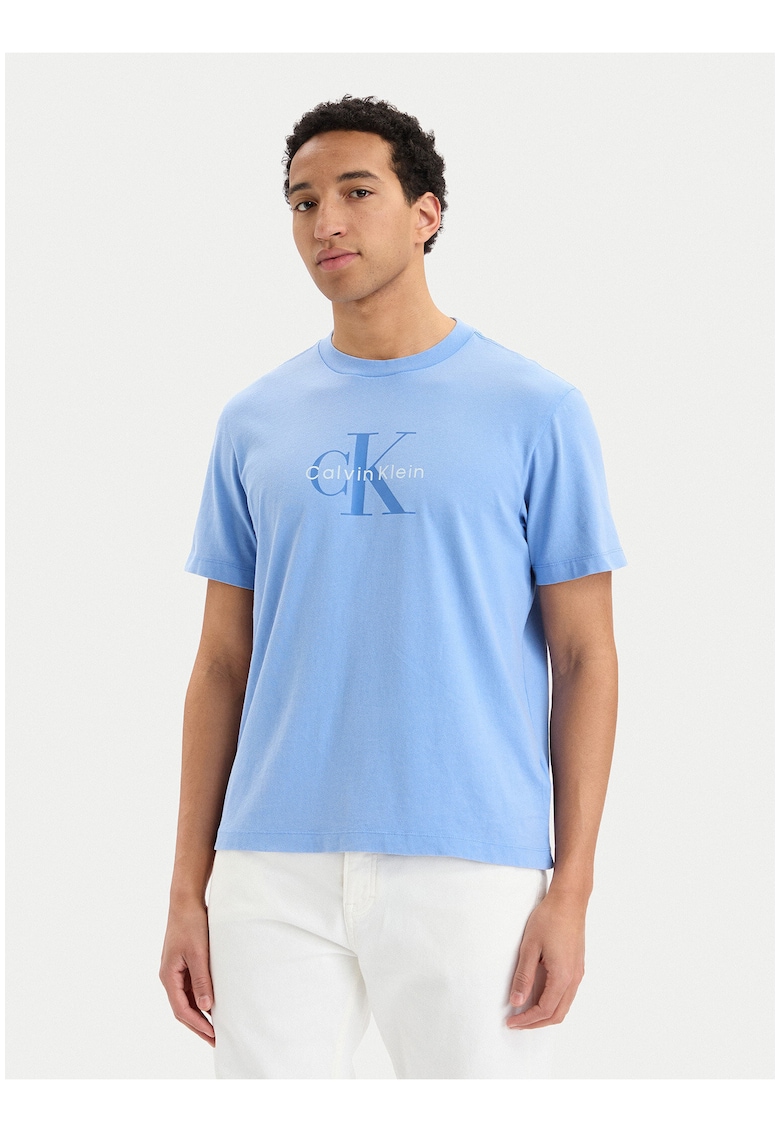 Tricou regular fit din bumbac cu model uni si logo pe partea din fata