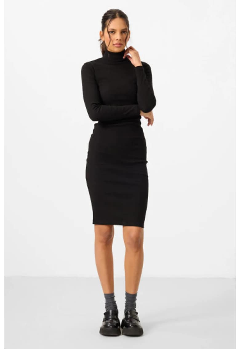 Rochie Midi - guler inalt - maneca lunga - negru - bumbac-elastan