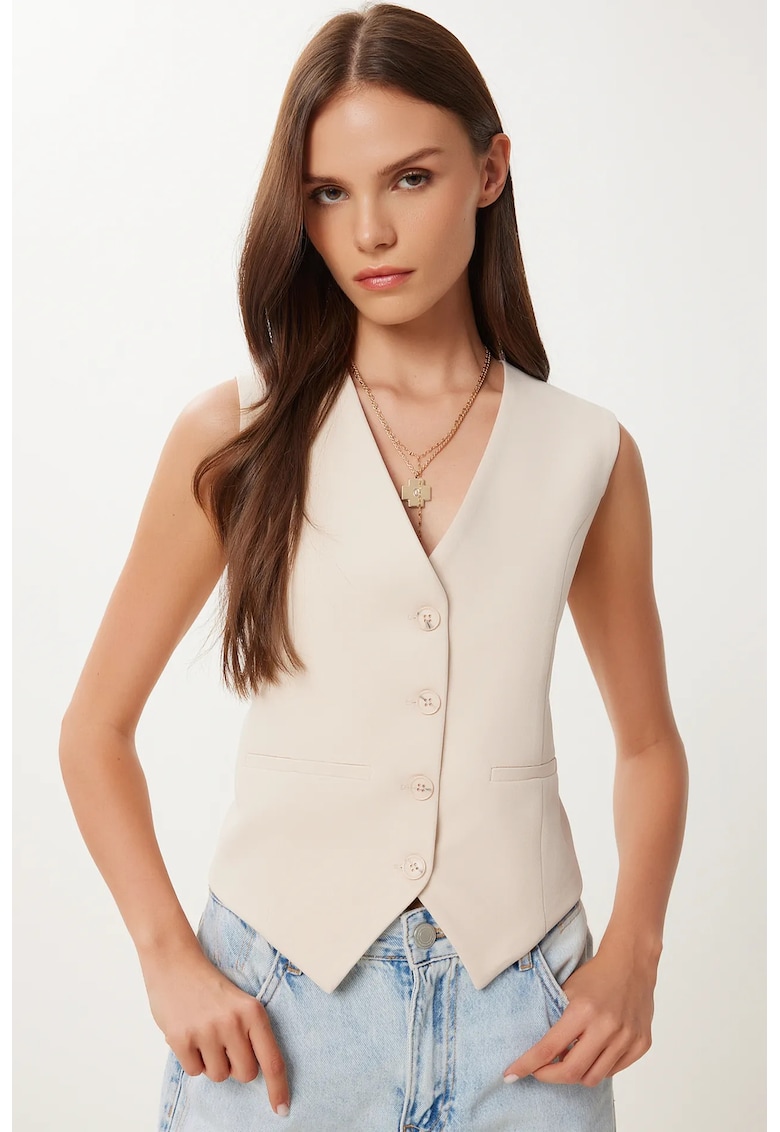 Vesta scurta - Happiness Istanbul - casual - crem - bumbac si poliester - cu nasturi