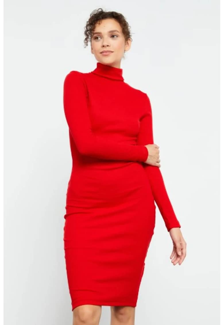 Rochie Midi rosie - cu guler inalt - din bumbac si elastan - pentru femei