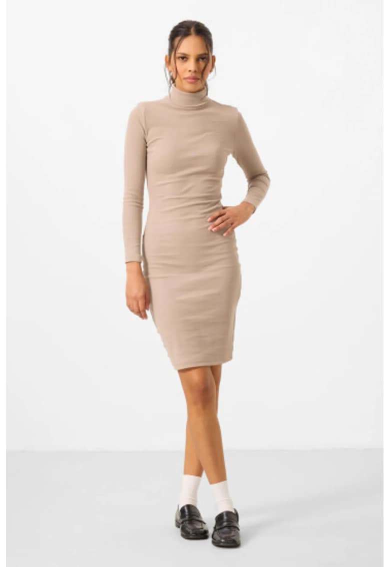 Rochie Midi Guler Inalt - Maneca Lunga - Bej Natural - Bumbac-Elastan
