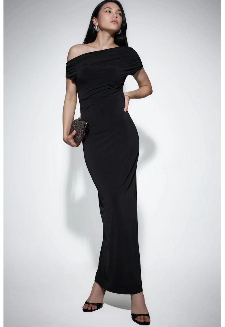 Rochie Maxi - Slim Fit - Guler Asimetric - Negru - Poliester-Elastan