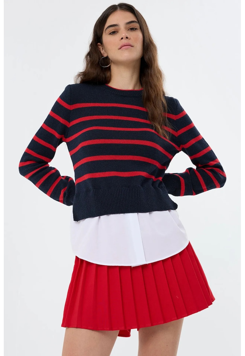 Pulover tricotat cu dungi - albastru marin - 100% acrilic - maneca lunga