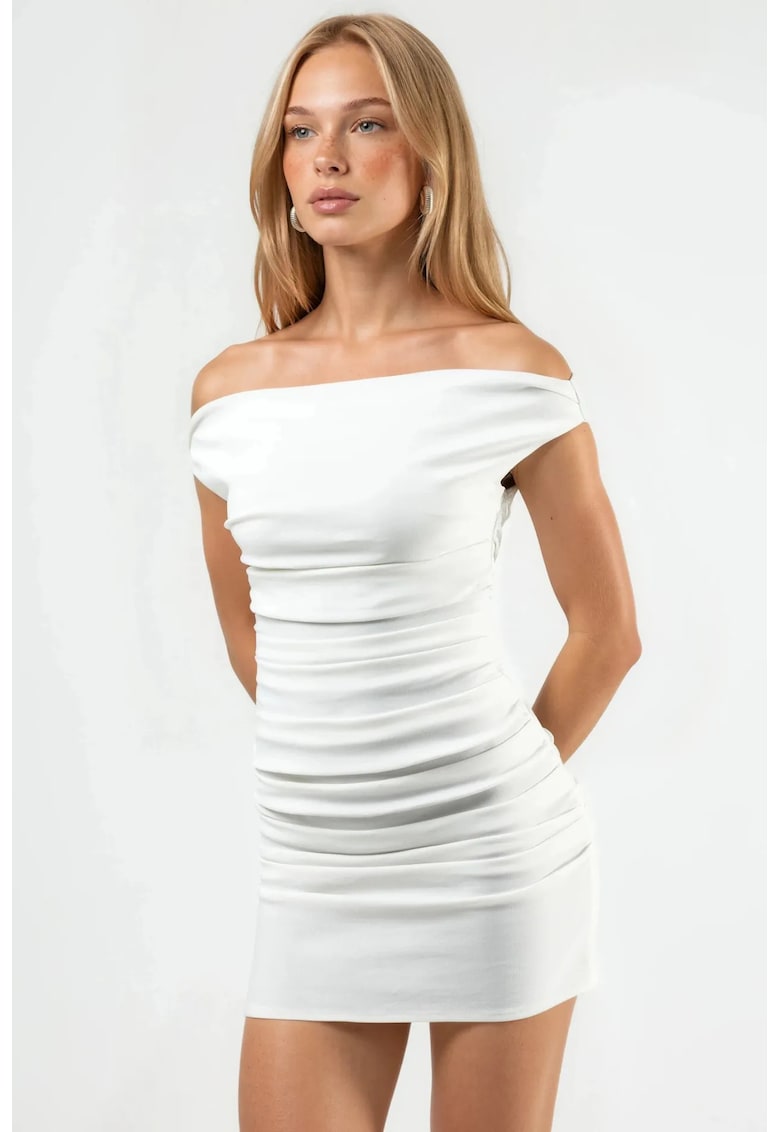 Rochie Mini - Umeri Goi - Decolteu Barca - Alb Murdar - Bumbac