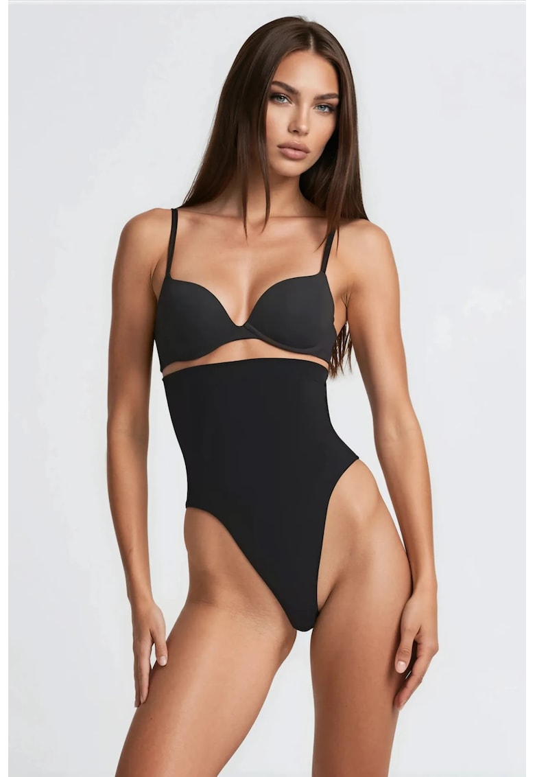 Lenjerie modelatoare - chilot tanga - talie inalta - negru - 82% nailon - 18% elastan