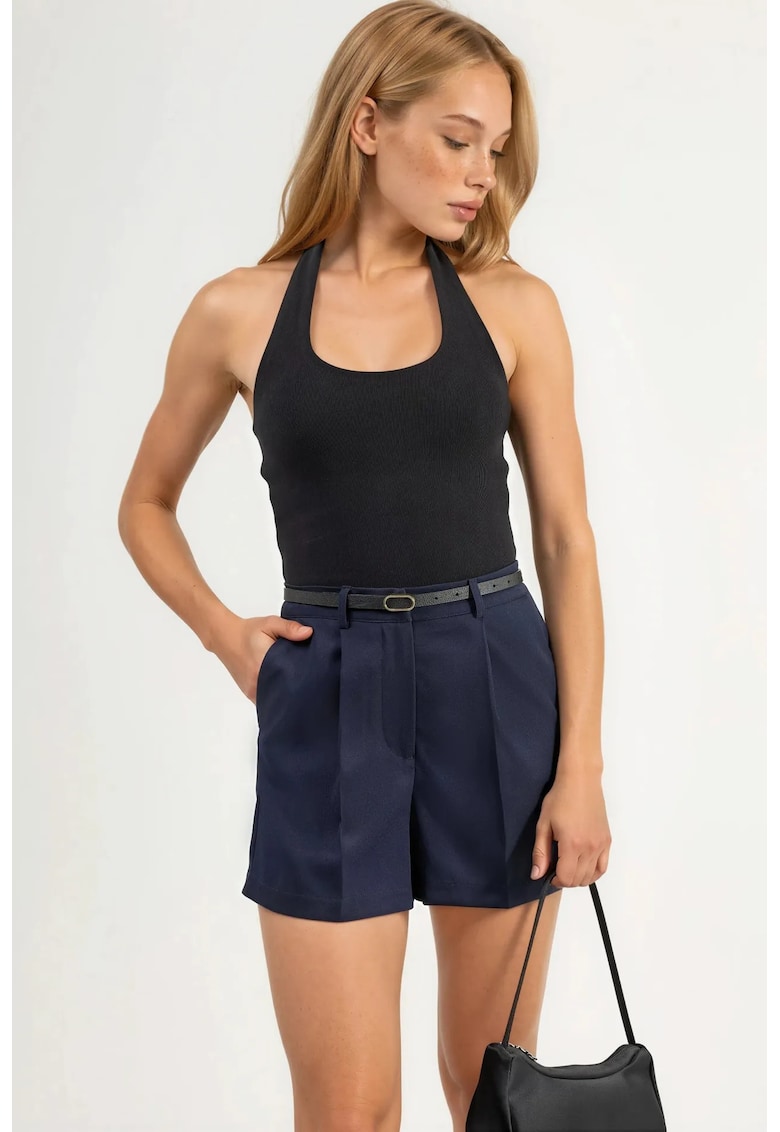 Pantaloni scurti - mini cu talie inalta si picior larg - albastru marin