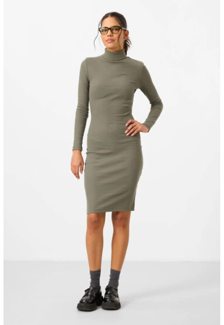 Rochie Midi Guler Inalt - Maneca Lunga - Verde - Bumbac-Elastan