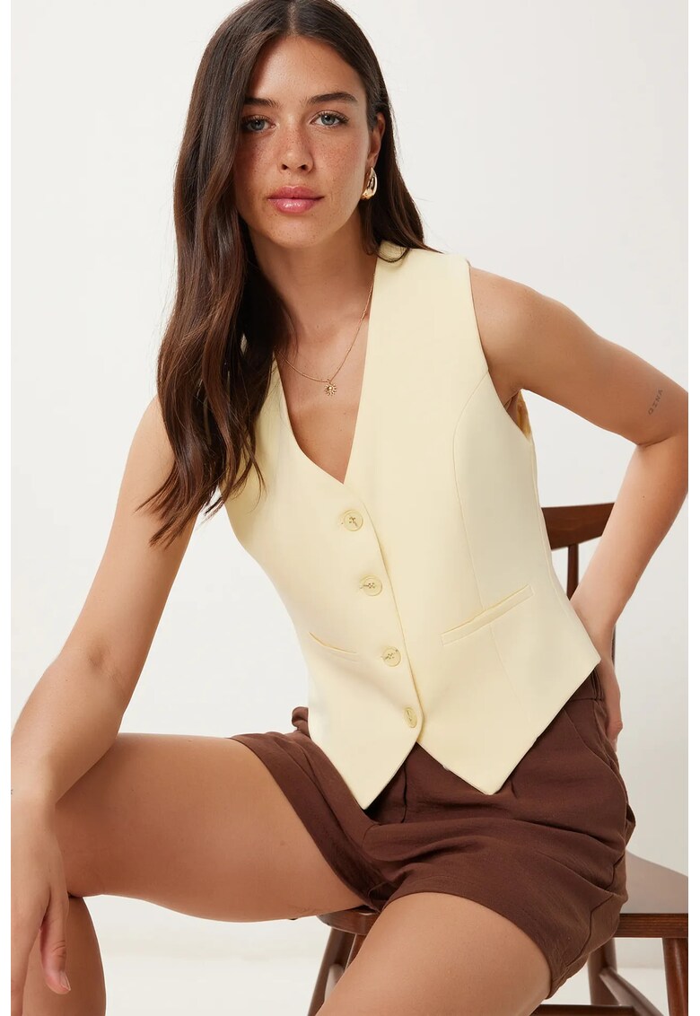 Vesta scurta - Happiness Istanbul - casual - galben chihlimbar - bumbac si poliester -