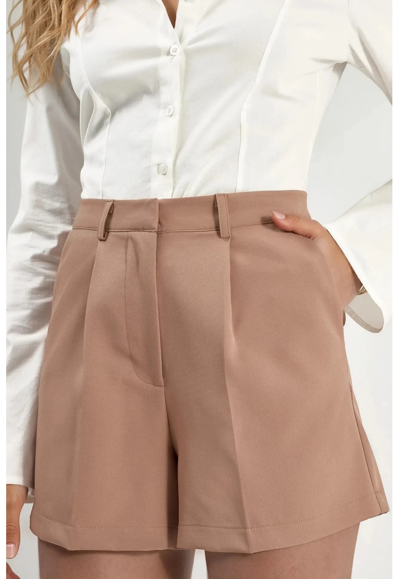 Pantaloni scurti dama mini - talie inalta - picior larg - maro camel - poliester-elastan