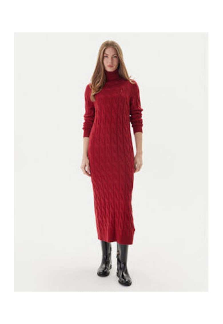 Rochie tricotata lunga cu guler inalt - Rosu