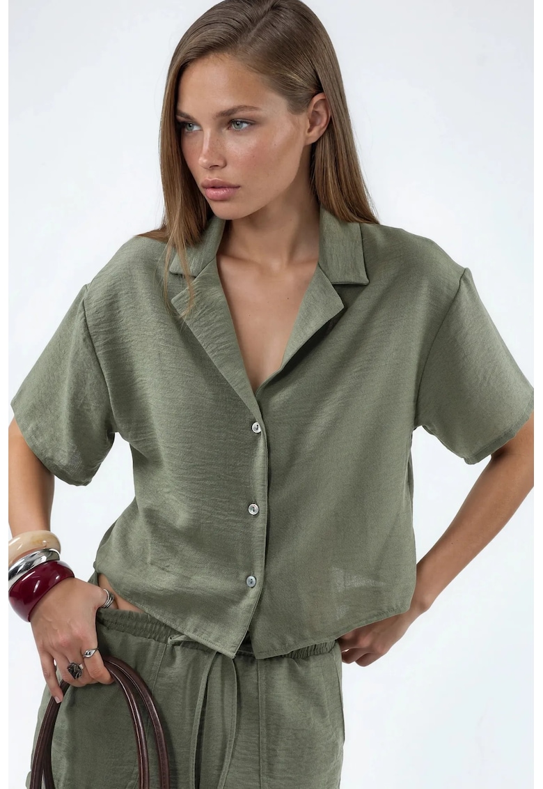 Camasa dama - scurta texturata - verde kaki - poliester