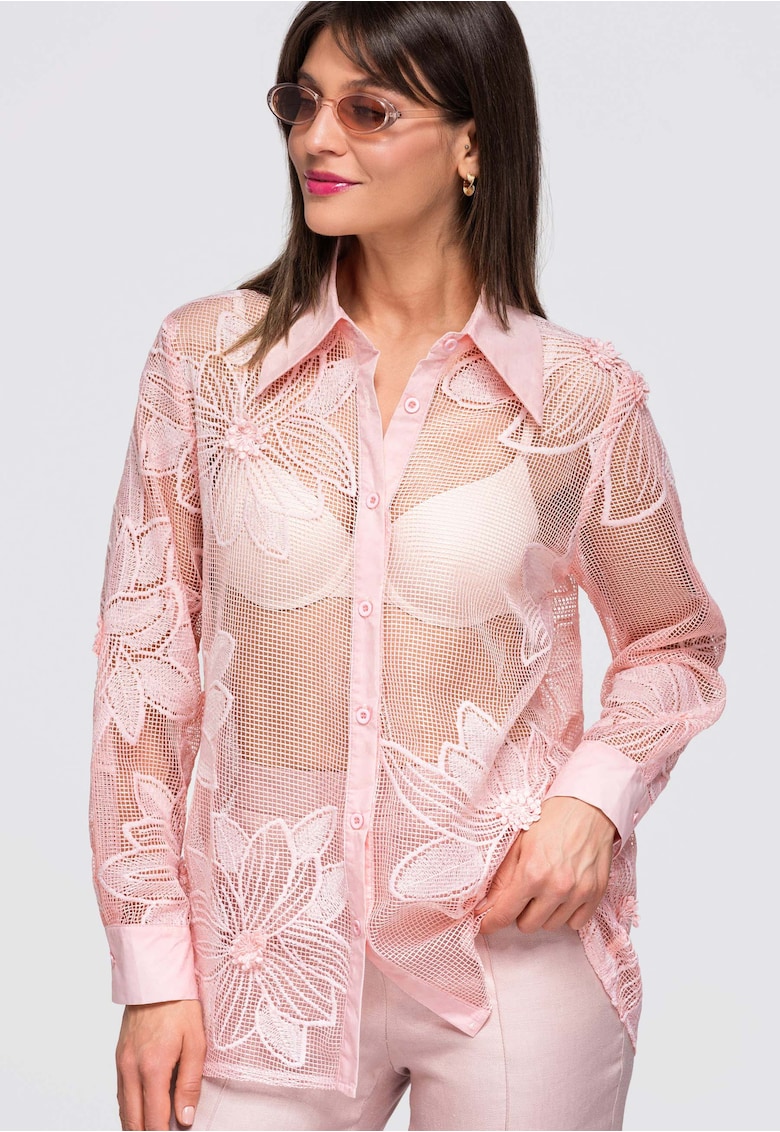 Camasa dama lunga cu guler clasic si maneci lungi - transparenta cu broderie florala OW-SH-E0048 - Roz