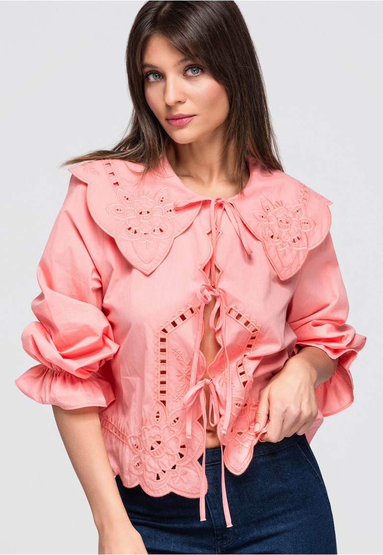 Camasa dama cu guler mare - dungi - maneci lungi - 100% bumbac - Coral - ONESIZE