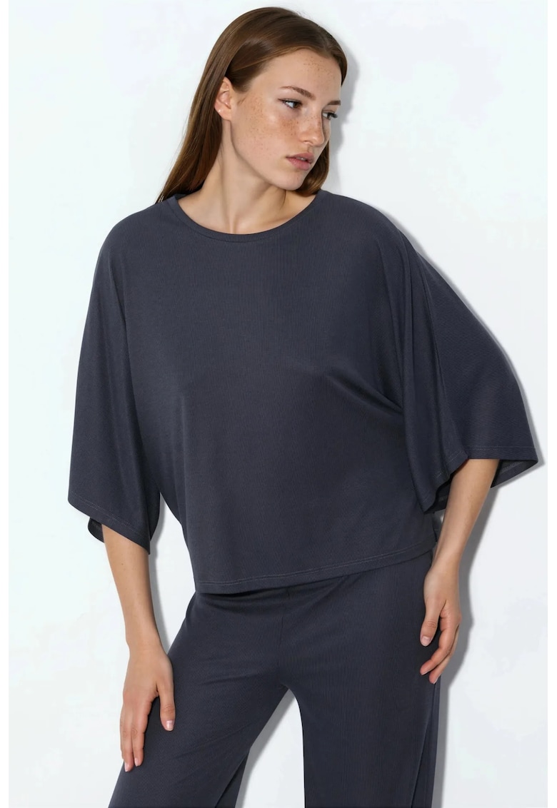 Bluza casual - gri inchis - croiala lejera - cu nervuri - din amestec de modal - poliester si elastan