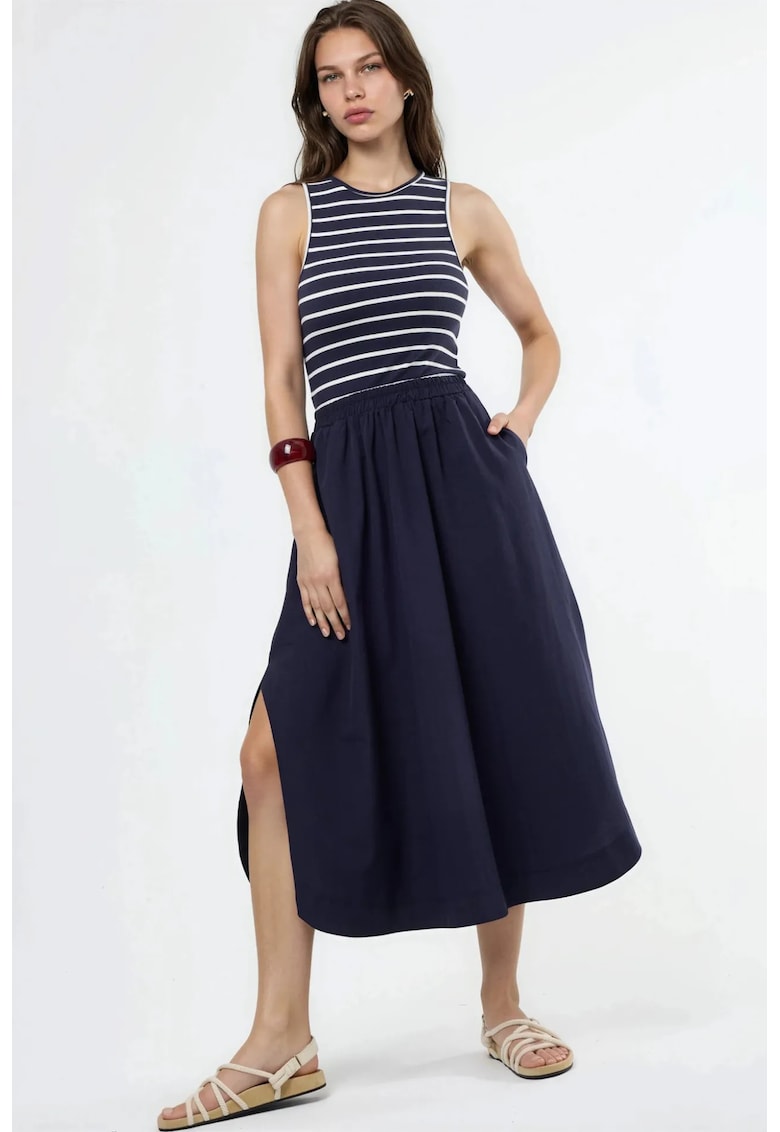 Rochie Midi Femei Albastru Marin - Casual - Fara Maneci - Guler Rotund -
