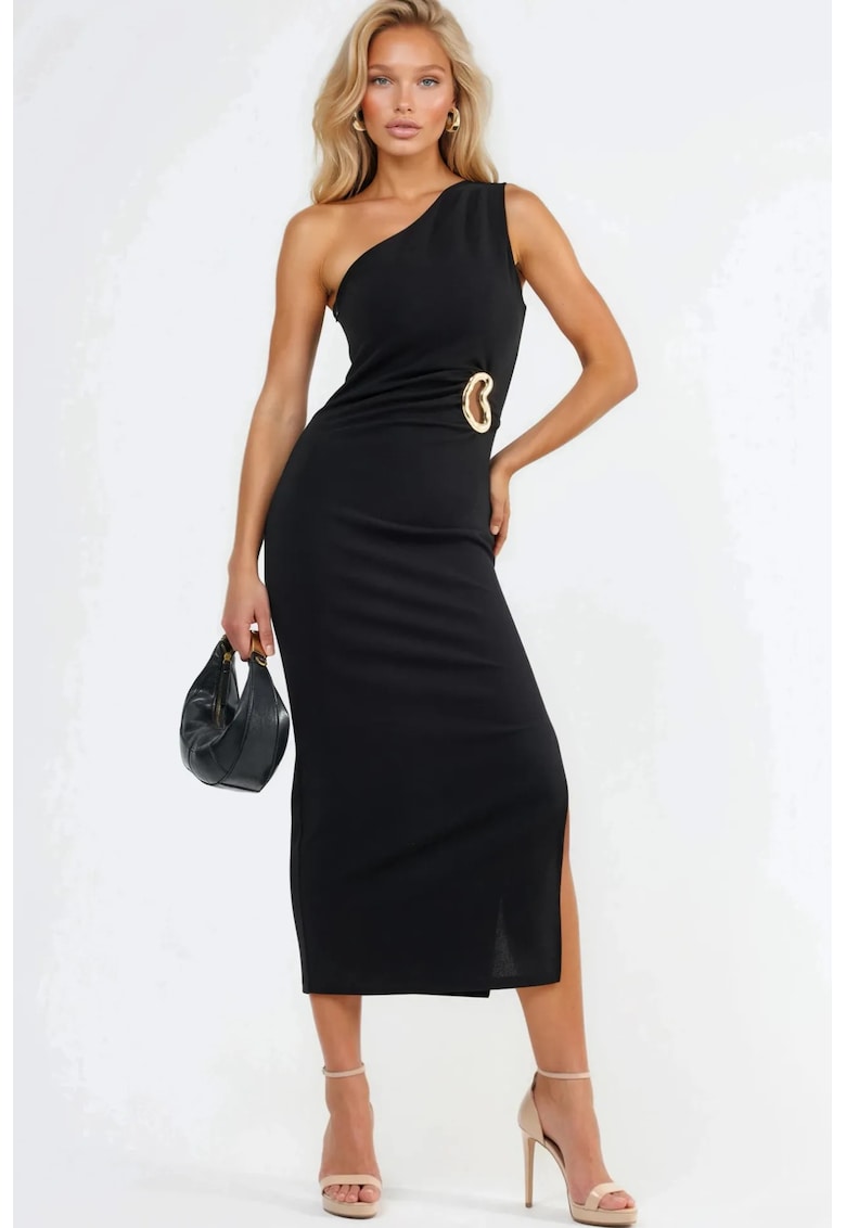 Rochie Midi Eleganta - Neagra - Guler Asimetric - Fermoar - Poliester-Elastan