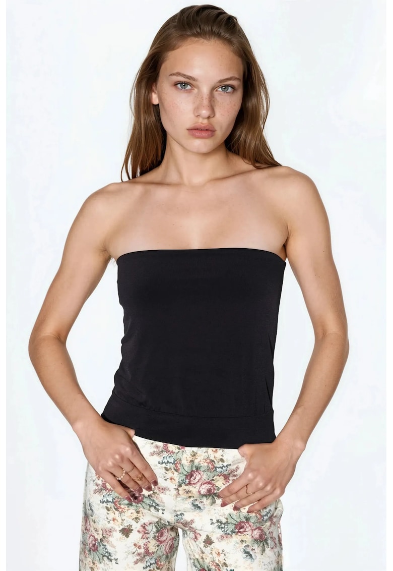 Top scurt - fara bretele - elastic - negru - bumbac-poliester