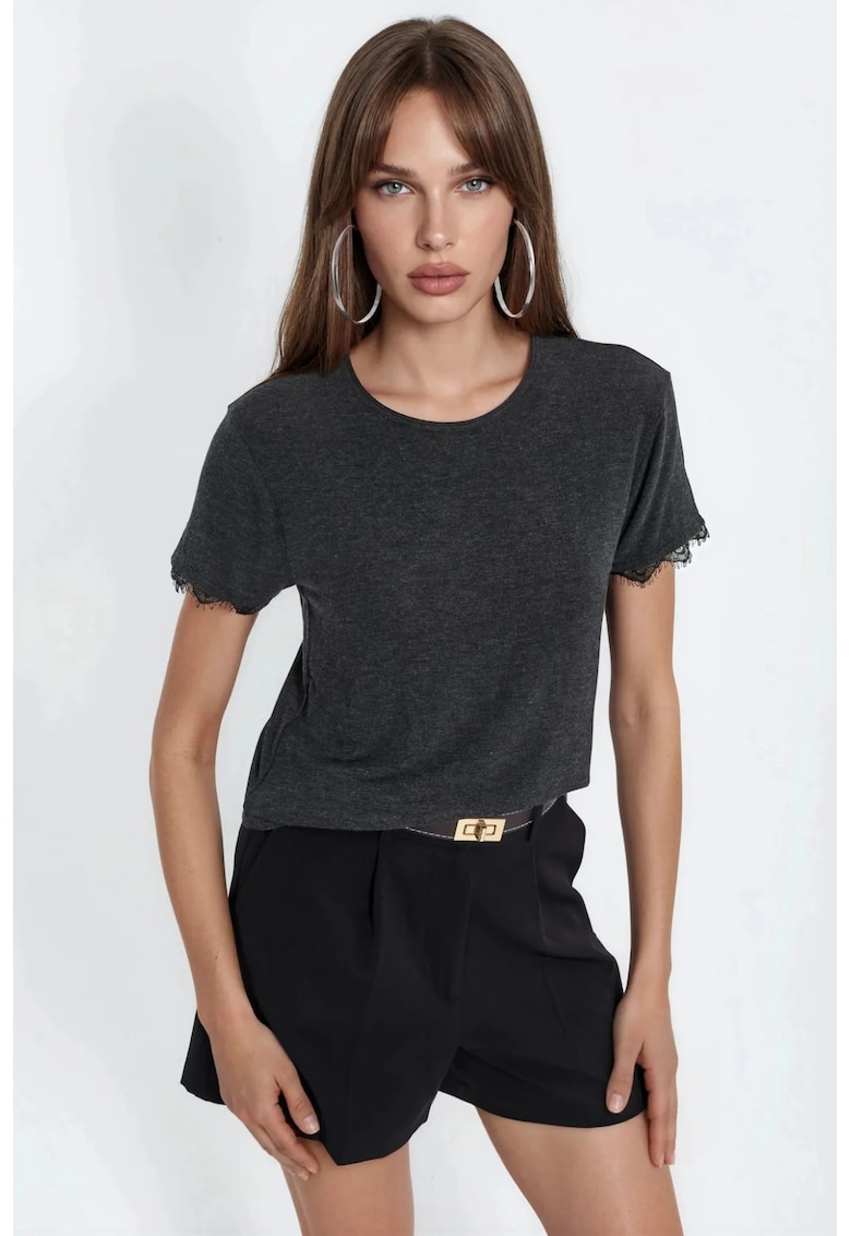 Tricou dama - tricou cu guler rotund - maneca scurta - gri inchis - regular fit
