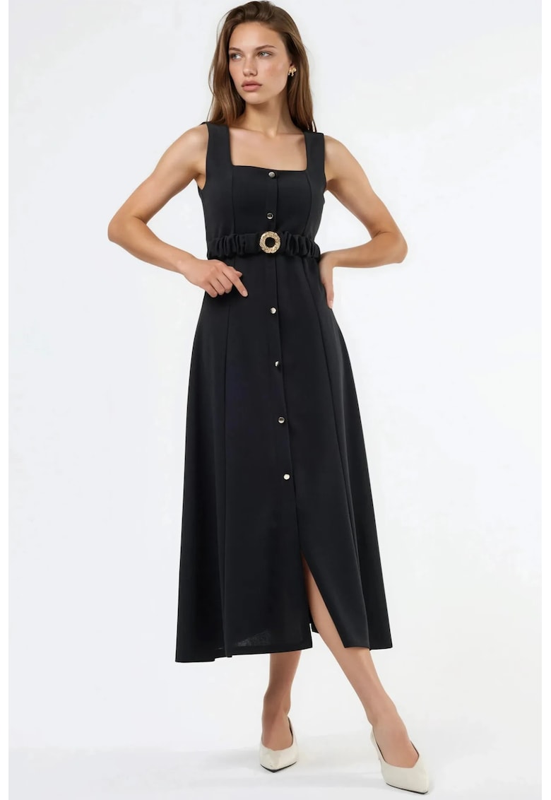 Rochie Midi - decolteu patrat - cu curea - negru - poliester-elastan