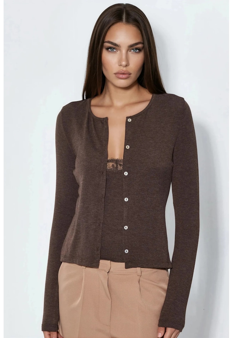 Pulover Casual decolteu in V - inchidere cu nasturi - maro - amestec poliester/viscoza/bumbac