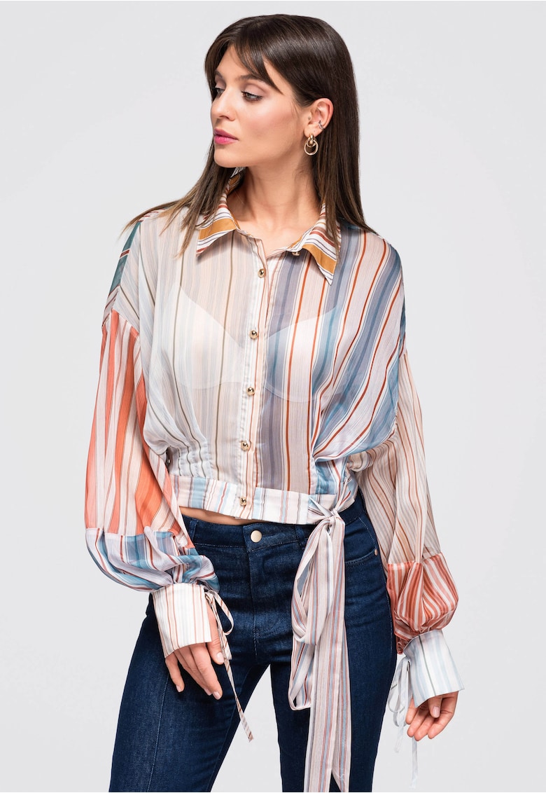 Cămașă dama scurtă cu guler clasic și mâneci voluminoase - model cu dungi OW-SH-E0046 - Multicolor