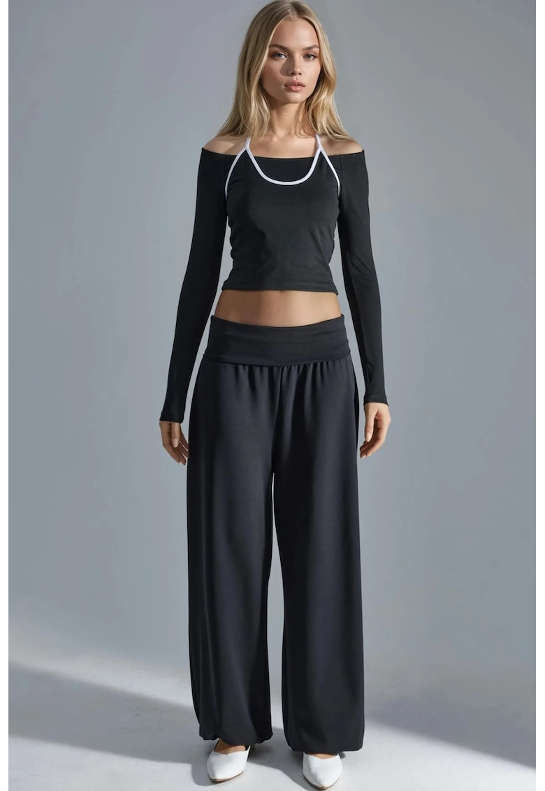 Pantaloni dama drepti - talie medie - negru - material elastic