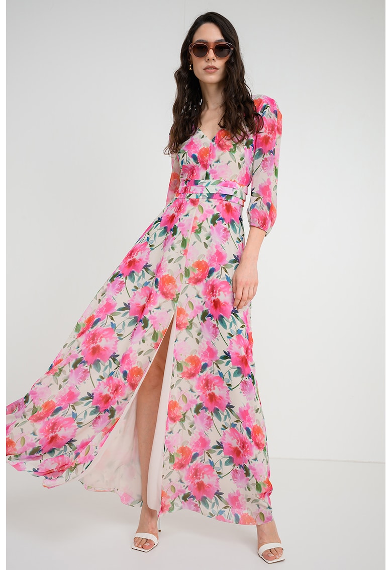Rochie maxi cu decolteu in V si model floral - Verde inchis/Roz orhidee/Alb murdar/Bleumarin