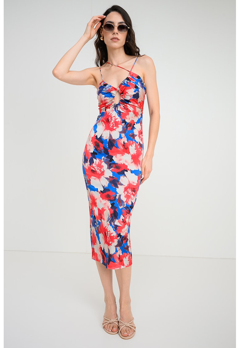 Rochie midi cu model si detaliu cu decupaj - Roz zmeuriu/Alb murdar/Bleumarin